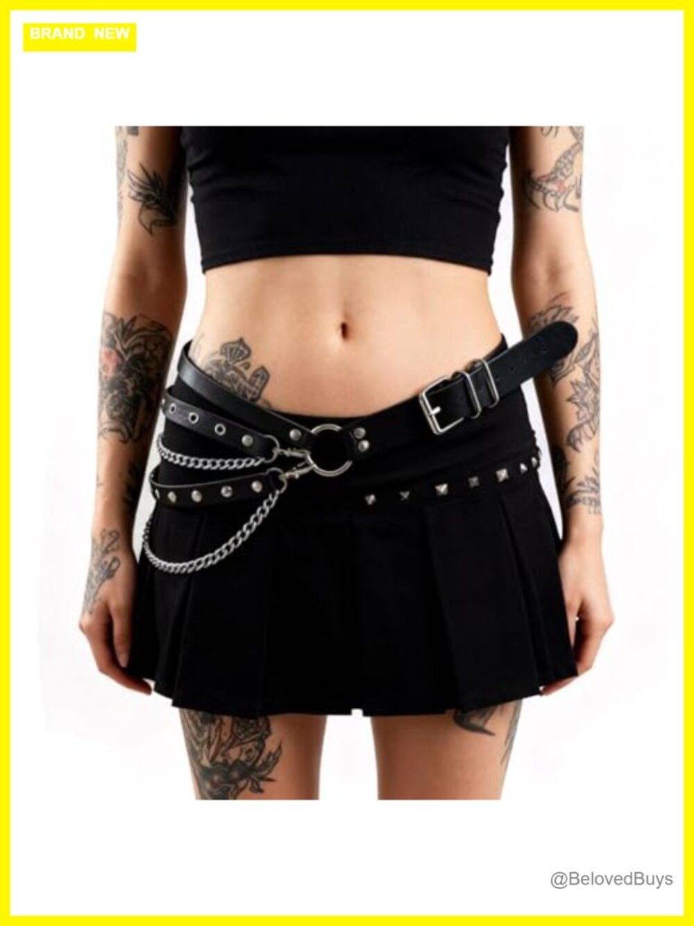 Punk Goth PU Leather Layered Waist Belt with Chains Adjustable Grunge Emo Rave